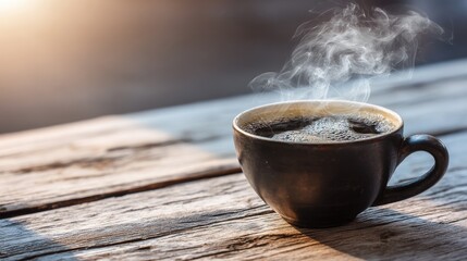 Morning Coffee Steam Rustic Wood Table Hot Drink
