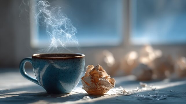 A steaming cup of coffee sits beside crumpled paper, bathed in soft light, evoking a cozy, creative atmosphere. - Powered by Adobe
