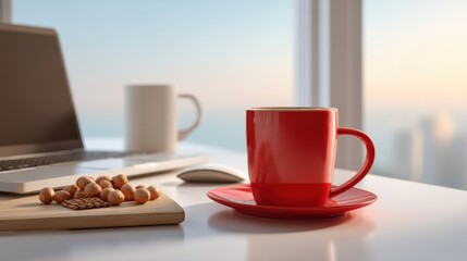 Red Mug Coffee Break Nuts Laptop Modern Office City View