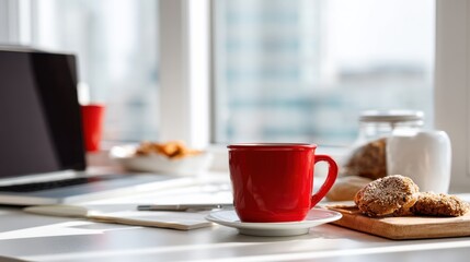 Red Mug Coffee Cookies Laptop Breakfast Home Office Morning Sunlight