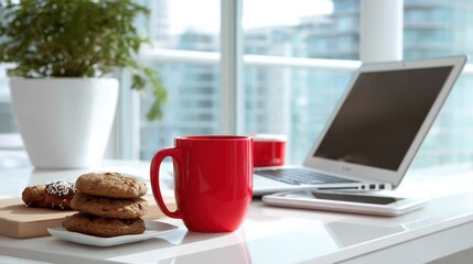 Red Mug Coffee Cookies Laptop Office Desk Workspace