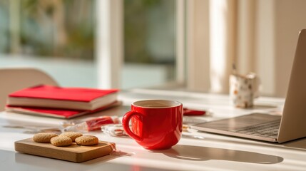 Red Mug Cookies Laptop Books Cozy Home Office Workspace