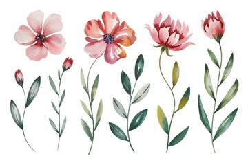 Fototapeta premium Elegant Watercolor Floral Elements Pink Green Botanical Illustrations
