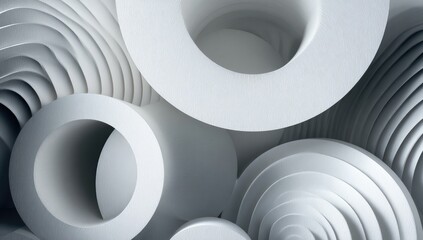 Abstract white 3D design. Geometric shapes, rings, and layers create depth