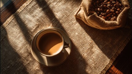 Aromatic Coffee Cup Roasted Beans Burlap Sunlit Still Life