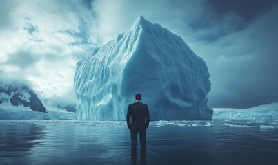 Focused businessman in a suit, contemplating a massive iceberg ahead, symbolizing the unseen challenges and risks in his business journey. This visual emphasizes the complexities, Generative AI