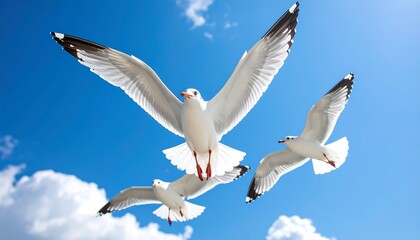 Obraz premium Seagulls soaring in the sky with open wings against a blue sky backdrop