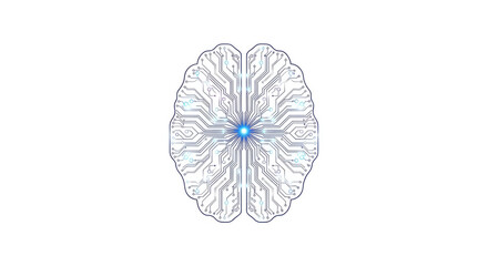 Stylized brain illustration with circuit board pattern and central blue light source
