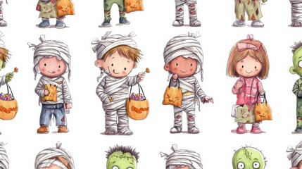 A playful illustration of children dressed as mummies for Halloween, carrying treat bags, showcasing fun and festive Halloween spirit.