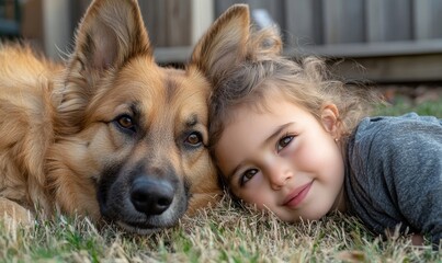 Young child bonding with a pet dog, symbolizing the joy and loyalty shared between children and their dogs. The image emphasizes the importance of this friendship for a happy, Generative AI