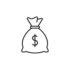 A minimalist black outline icon of a tied money bag with a prominent dollar sign symbol.