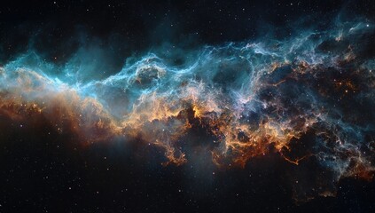 Fototapeta premium Celestial panorama shows colorful cosmic cloud with stars in the dark void