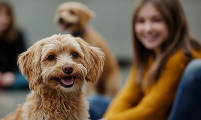 Puppy socialization class, where pets and their owners participate in training sessions to teach dogs how to interact and socialize with others. This image highlights the importance, Generative AI