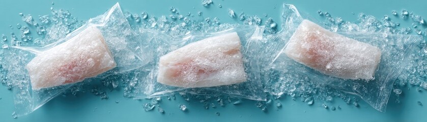 Fototapeta premium Frozen fish fillets wrapped in plastic on a blue background, surrounded by ice, emphasizing freshness and preservation.