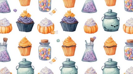 A colorful pattern featuring various cupcakes, jars of candies, and confections, showcasing a delightful assortment of sweet treats.