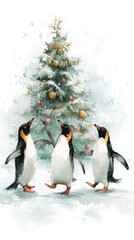 Fototapeta premium Three playful penguins celebrate around a snowy Christmas tree adorned with ornaments, creating a whimsical winter scene.