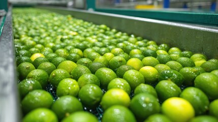 Fresh limes washed and sorted on a conveyor belt in a processing facility, showcasing the vibrant green color and droplets of water.