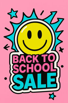 Back to school sale poster featuring a smiley face on pink background  