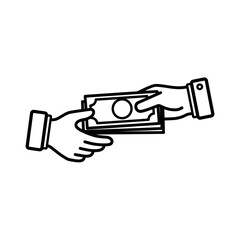 Two hands exchanging a stack of money, symbolizing a financial transaction or payment in a simple line art illustration.