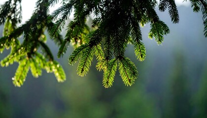 Sunlight filtering through lush green fir tree branches in a serene forest setting.