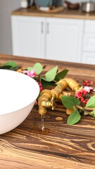 Faucet dripping over a wooden countertop with flowers