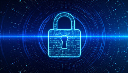 Digital security concept with a glowing padlock representing data protection and network safety.