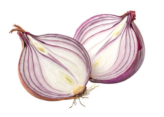 Four fresh red onions one whole and three halved isolated on white background.