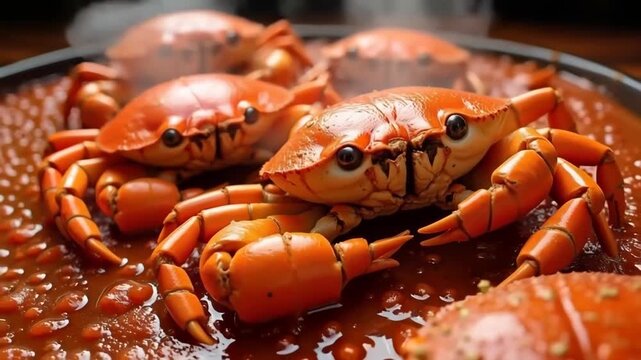 Vibrant orange and red crabs simmer in a rich, bubbling reddish-brown sauce, a mouthwatering culinary delight ready to be savored.