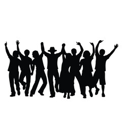 Silhouette of a group of people with their arms raised in the air celebrating together in a cheerful mood