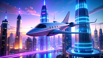 A sleek private jet soaring through a futuristic cityscape with neon lights and skyscrapers at sunset.