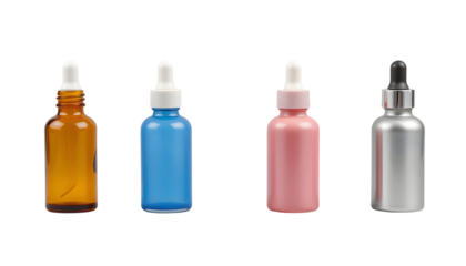 Assortment of cosmetic dropper bottles on transparent background