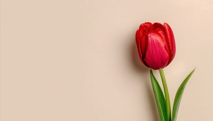 Fototapeta premium Red Tulip Flower with Green Stem and Leaves on Neutral Background
