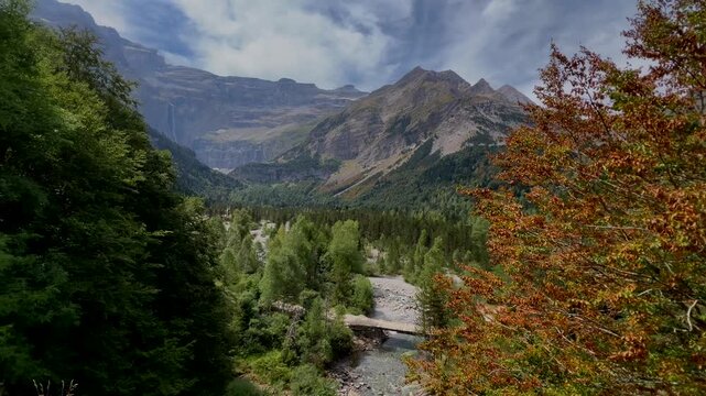 The 422 metre high Cascade de Gavarnie, the highest waterfall in mainland France, at the Cirque de Gavarnie in the French Pyrenees. High quality 4k footage