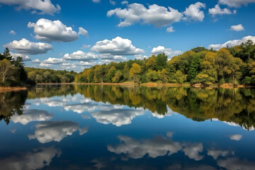 Obraz premium A calm lake reflecting surrounding trees and blue sky, with still water creating mirror symmetry