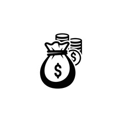 A stylized black and white graphic depicting a drawstring money bag with a dollar sign, accompanied by a stack of coins, symbolizing wealth and financial gain.
