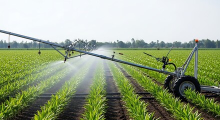 Agricultural center pivot irrigation system spraying water over rows of young green corn plants in a fertile field.