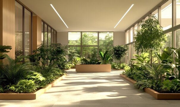 Office space featuring lush green plants, creating a sustainable and nature-friendly corporate environment. The design emphasizes the importance of employee well-being, Generative AI