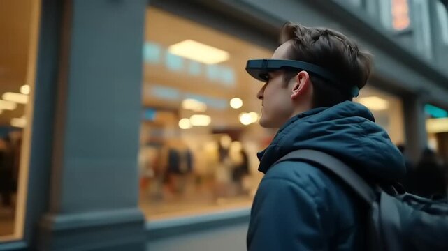 Young man using AR glasses city street.