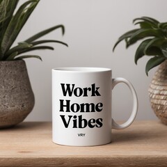 Work from home vibes mug coffee cup desk decor office accessories plants modern minimalist aesthetic design