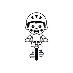 child riding bicycle with helmet, front view black and white vector line art for safety, activity, and coloring design on white background.eps