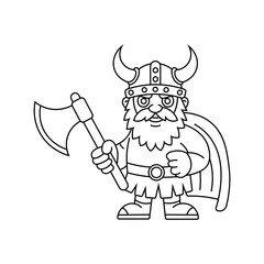  cartoon viking warrior with axe in horned helmet and cape, black and white vector line art for coloring and design on white background.e