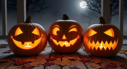 Three carved pumpkins with lit candles on a wooden porch A full moon and bare trees are in the background