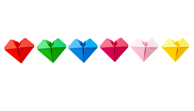 Colorful Origami Hearts on Transparent Background