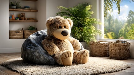 A realistic high-definition photo of a family living space with toy storage and soft rug.