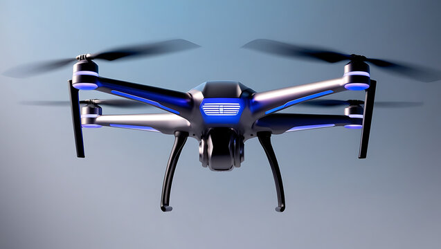 Futuristic drone hovering, studio shot, technology background, aerial photography
