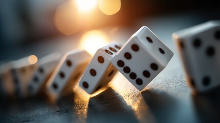 A close-up of white dice arranged in a line, capturing the soft glow of light, emphasizing their geometric shapes and contrasting colors.