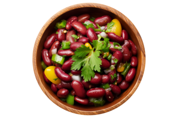 Egypt Ful medames fava bean stew with garlic, oil, lemon and cilantro in wooden bowl, top view, isolated on white transparent background, concept of Arabic healthy vegan food