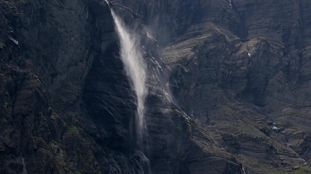 The 422 metre high Cascade de Gavarnie, the highest waterfall in mainland France, at the Cirque de Gavarnie in the French Pyrenees. High quality 4k footage
