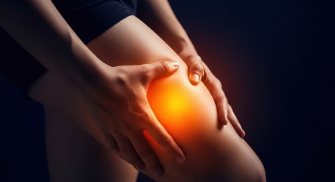 Person experiencing intense thigh pain with glowing inflammation