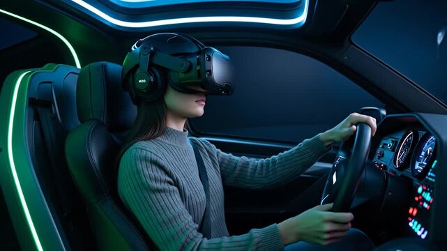A woman wearing a VR headset and learning to drive in a futuristic car driving simulator.